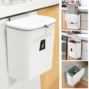 Tiyafuro Upgraded 2.4 Gallon Kitchen Compost Bin with Inner Bucket, Hanging Small Trash Can with Lid for Under Sink, Cupboard, Bathroom, Bedroom, Office, Camping, Mountable Indoor Compost Bucket White