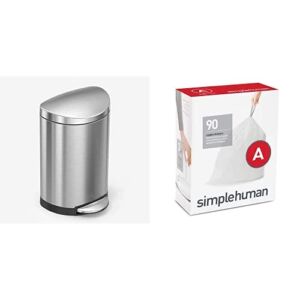 simplehuman 6 Liter / 1.6 Gallon Semi-Round Bathroom Step Trash Can, Brushed Stainless Steel & Code A Custom Fit Drawstring Trash Bags, 4.5 Liter / 1.2 Gallon, 90 Pack, White, 90 Count