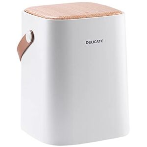 Nordic Style Garbage Can – Double Barrel Trash Can – Plastic Trash Can w/ One Press Lid – 10L/2.6Gal Waste Basket w/ Leather Handle – Modern Recycling Bins for Kitchen – Bathroom Trash Can in White & Wood