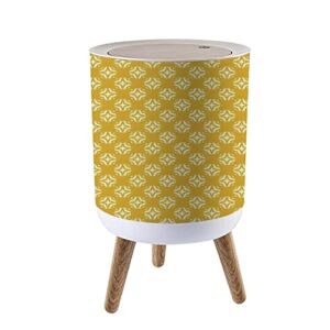 Press Cover Round Trash Bin with Legs Raster Geometric Floral Seamless in Mustard Yellow Color Simple Push Top Trash Can with Lid Dog Proof Garbage Can Wastebasket for Living Room 7L/1.8 Gallon
