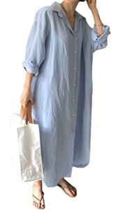GGUHHU Womens Chic Button Down Rolled-Up Sleeve Long Cotton Blouse Maxi Dress (Medium, Light Blue)