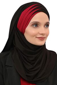 Aisha’s Design Jersey Shawl for Women0 Cotton Wrap Modesty Turban Cap Scarf Black-Dark Red