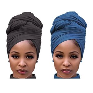 Harewom Head Wraps for Black Women Stretchy Head Scarf African Hair Wraps for Dreads Locs Natural Hair Turban Headwraps Jersey Tie Headbands(Denime Blue and Grey)