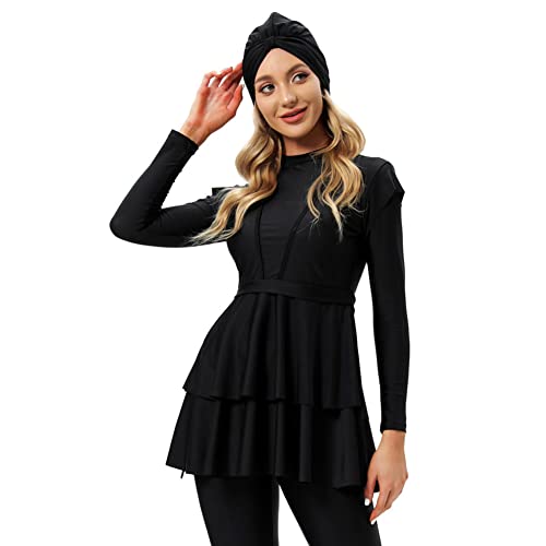 Muslim Swimsuits for Women Modest Islamic Swimwear Burkini Full Cover Hijab Long Sleeve Muslim Dress Tops + Pants Set with Swimming Cap Costume Sun Protection Beachwear Bathing Suits Black XL | The Storepaperoomates Retail Market - Fast Affordable Shopping