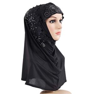 Suillty Women One Piece Muslim Hijab Lace Applique Long Turban Islamic Full Head Scarf Shawls with Rhinestone (Black)