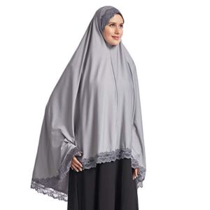 khalat Women’s Elegant Hijab Lace Trim Muslim Islamic Ramadan Soft Lightweight Hijab Long Scarf Grey