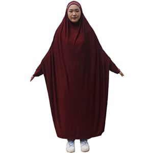 Cogongrass Women’s One-piece Prayer Dress Prayer Garment Abaya Jellaba Islamic Clothing Hijab for Hajj Umrah Wine Red