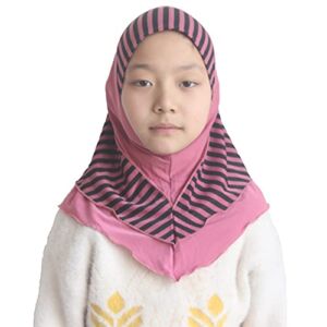 Cogongrass Girls Kids Muslim Hijab Islamic Arab Scarf Shawls Stripe Pattern Double Layers for Age 2-6