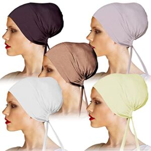 5 Pieces Under Head Caps Hijab Scarf Hat Turban Stretch Tie Back Closure Chemo Bonnet Dreadlocks Head Wrap Women Set B