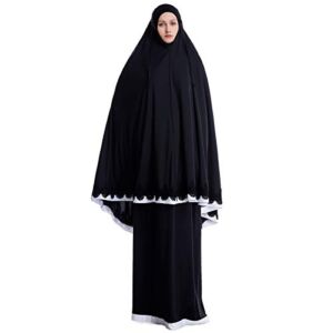Muslim Women’s Full Cover Two Pieces Long Hijab Thobe Abaya Set (One Size, Black)