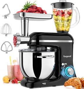 Vospeed 5 IN 1 Stand Mixer, 850W Tilt-Head Multifunctional Electric Mixer with 7.5 QT Stainless Steel Bowl, 1.5L Glass Jar, Meat Grinder, Hook, Whisk, Beater Dishwasher Safe – Black