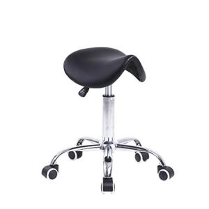 KKTONER Rolling Saddle Stool PU Leather Swivel Adjustable Rolling Stool with Wheels Salon Chair Black