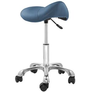 Saloniture Professional Ergonomic Saddle Stool, Blue – Adjustable Hydraulic Seat, Rolling Spa Salon, Massage, and Medical Office Chair with Swivel Wheels