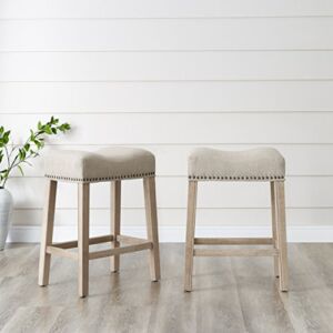 Roundhill Furniture Coco Upholstered Backless Saddle Seat Counter Stools 24″ Height, Set of 2, Tan