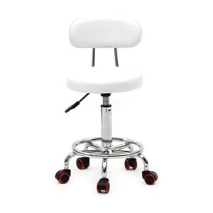 Whectin Rolling Stool Adjustable Chair with Backrest Salon Spa Stool Swivel Chair Tattoo Massage Stool with PU Cushion White