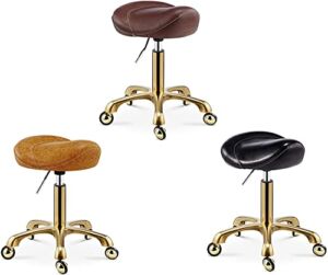 Bar Stool Adjustable Swivel Lift Saddle Stool Beauty Barber Shop Manicure Work Chair with Gold Stainless Steel Base Rolling Dining Chair Desk Office Chair for Kitchen Salon,Dark brown