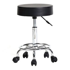 Black Salon Stool Round Rolling Stool PU Leather Office Chair Adjustable Swivel Stool Massage Spa Stool Bar Dentist Chairs with Wheels (Without Grain, Black)