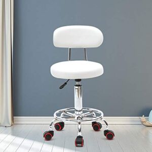 SSLine Rolling Salon Stool White Leather Adjustable Tattoo Stools on Wheels Hydraulic Swivel Office Drafting Chair with Back Modern Comfortable Dental Chairs Kitchen Bar Chairs