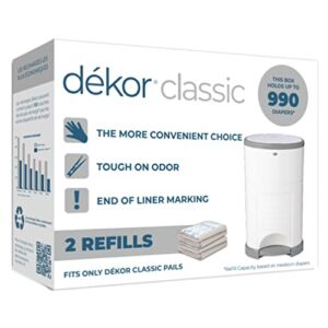 Dekor Classic Diaper Pail Refills | 2 Count | Most Economical Refill System | Quick & Easy to Replace | No Preset Bag Size – Use Only What You Need | Exclusive End-of-Liner Marking | Baby Powder Scent