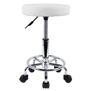 KKTONER PU Leather Round Rolling Stool with Foot Rest Swivel Height Adjustment Spa Drafting Salon Tattoo Work Office Massage Stools Task Chair White Small (White)