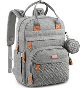 BabbleRoo Diaper Bag Backpack, Nappy Changing Bags Multifunction Waterproof Travel Back Pack with Changing Pad & Stroller Straps & Pacifier Case, Unisex and Stylish (Gray)