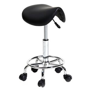 Adjustable Spa Stool, PU Leather Cushioned Salon Seat, Rolling Swivel Office Chair, Massage Barber Stool on Wheels for Drafting Tattoo Beauty Facial Spa (Saddle, Black)