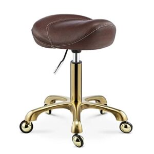 Hydraulic Saddle Stool with Wheels，Industrial Stool with Gold Frame Yellow PU Synthetic Leather Seat，Adjustable Height 40-66 cm，Supported Weight 160 Kg，Mechanic Stoolfor Hairdressing Manicure Tattoo