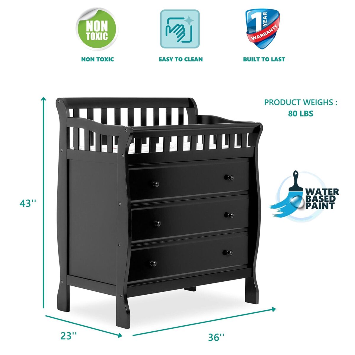 Dream On Me Marcus Changing Table And Dresser In Black, Features 3 Spacious Drawers, Non-Toxic Finishes, Comes With 1″ Changing Pad, Made Of Solid Wood | The Storepaperoomates Retail Market - Fast Affordable Shopping