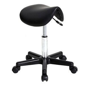 WAJJ Adjustable Salon Rolling Swivel Chair Stool Saddle Stool Plastic Flat Feet Beauty Spa Equipment Sturdy Durable PU Leather Black