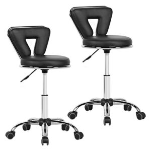 Yaheetech Rolling Swivel Salon Stool Chair Height Adjustable Home Spa Massage Manicure Facial Stool with Backrest and Wheels Black – 2PCS