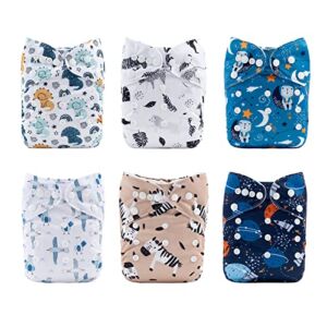 babygoal Reusable Cloth Diapers for Baby Boys, One Size Adjustable Washable Pocket Nappy Covers 6 Pack+6pcs Bamboo Inserts+Wet Bag 6FB36