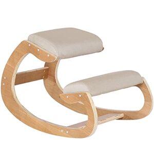 BotaBay Ergonomic Kneeling Chair for Upright Posture, Rocking Chair Kneel Stool for Home, Office, Reliving Back Neck Pain, Good Posture Correction, Wood & Linen Cushion Beige