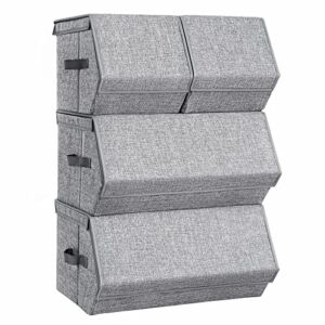 SONGMICS Set of 4 Stackable Storage Bins, Fabric Storage Boxes with Lids, Stackable Storage Cubes with Magnetic Closures, a Semi-Open Front, Lid Can Stay Open after Stacked up, Gray URLB22GY