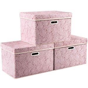 PRANDOM Larger Collapsible Storage Boxes with Lids Fabric Decorative Storage Bins Cubes Organizer Containers Baskets with Handles Divider for Bedroom Closet Living Room Pink 17.7×11.8×11.8 Inch 3 Pack