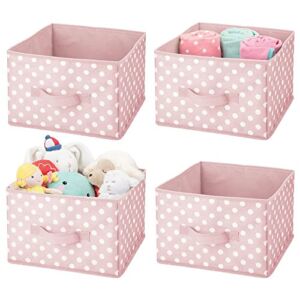 mDesign Soft Fabric Closet Storage Organizer Holder Box Bin – Attached Handle, Open Top, for Child/Kids Bedroom, Nursery, Toy Room – Fun Polka Dot Print – Medium, 4 Pack – Pink with White Dots