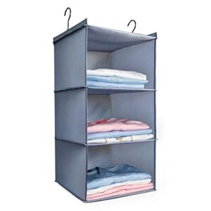 DonYeco Hanging Closet Organizer and Storage 3-Shelf, Easy Mount Foldable Hanging Closet Wardrobe Storage Shelves, Clothes Handbag Shoes Accessories Storage, Washable Oxford Cloth Fabric, Gray