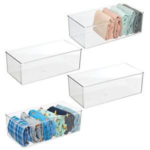 mDesign Long Plastic Drawer Organizer Box, Storage Organizer Bin Container; for Closets, Bedrooms, Use for Leggings, Socks, Ties, Jewelry, Accessories – Lumiere Collection – 4 Pack – Clear