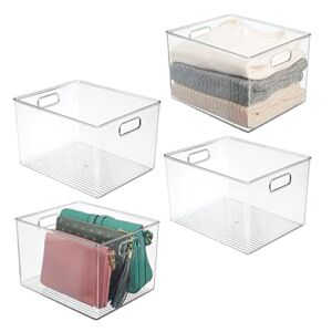 mDesign Plastic Storage Organizer Container Bin, Closet Organization for Hallway, Bedroom, Linen, Coat, and Entryway – Holds Clothing, Blankets, and Accessories, Ligne Collection, 4 Pack, Clear