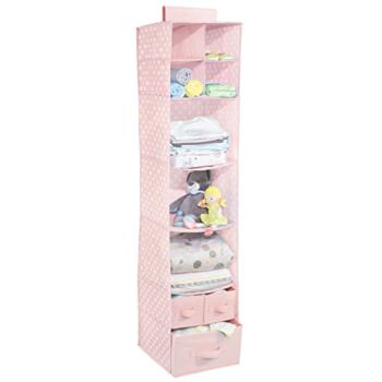 mDesign Fabric Over Closet Rod Hanging Storage Organizer with 7 Open Cube Shelves and 3 Removable Drawers for Bedroom Organization – Holds Clothes, Hats, Handbags – Light Pink with White Dots | The Storepaperoomates Retail Market - Fast Affordable Shopping