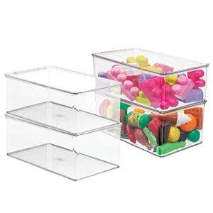 mDesign Plastic Stackable Toy Storage Bin Container Box with Hinge Lid for Organizing Living Room, Play Room, Bedroom, Nursery, Hold Blocks, Puzzles, Books, Lumiere Collection, 4 Pack – Clear