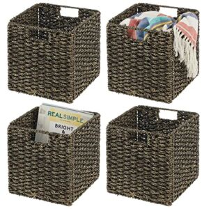 mDesign Seagrass Woven Cube Bin Basket Organizer with Handles for Closet, Laundry, Home Office, Nursery, Living Room, Bathroom Shelf Organization – Hold Towels, Blankets, Books – 4 Pack, Black Wash