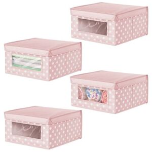 mDesign Medium Soft Stackable Fabric Closet Storage Organizer Holder Box – Clear Window and Lid, for Child/Kids Bedroom, Nursery, Playroom, Classroom, 4 Pack – Pink/White