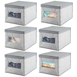 mDesign Soft Fabric Stackable Closet Storage Organizer Holder Box Bin with Clear Window, Attached Hinged Lid – Bedroom, Hallway, Entryway, Closet, Bathroom – Textured Print, Large, 6 Pack – Gray