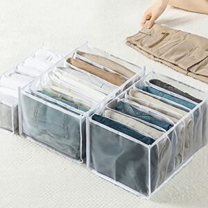 Set of 2 Pieces Wardrobe Clothes Organizer, Jeans Leggings Compartment Storage Box Closet, 7 Grids Folding Drawer For Clothing Mesh Separation , Transparent Divider For Stacking Pants Organizer (White)