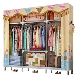 QUMENEY Wardrobe Storage Closet, Portable Clothes Standing Shelves Organizer, Extra Strong and Durable Non-Woven Fabric Rack with Hanging Rods and 2 Side Pockets (Sunny Town)