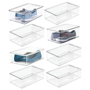 mDesign Plastic Closet Storage Organizer Box Containers with Hinged Lid for Bedroom Shelves or Cabinets, Holds Flats, Sandals, Sneakers, Dress Shoes, Heels, Booties, and Wedges – 8 Pack – Clear