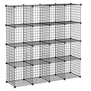 BASTUO Cube Storage Organizer, 16 Cubes Wire Storage Cabinet, DIY Modular Bookcase Stackable Shoe Rack Shelf Metal Cubes Organizer, Wardrobe Closet for Livingroom, Bedroom, Office, Black