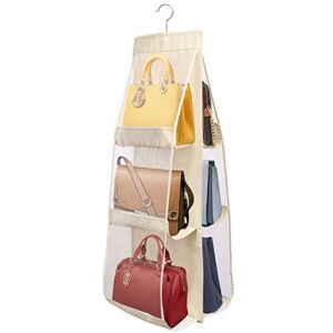 N/V PIKACHENG Hanging Handbag Purse Organizer, Homewares Nonwoven 6Pockets Hanging Closet Storage Bag,Transparent Dust-Proof Wardrobe Closet Storage Bag (Light Yellow)