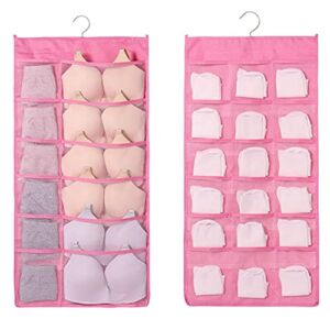 Hanging Closet Organizer, Dual-Sided 30 Pockets Wall Shelf Wardrobe Storage Bags for Underwear, Stocking, Bra and Sock, Mesh Pocket with Metal Hanger – Pink