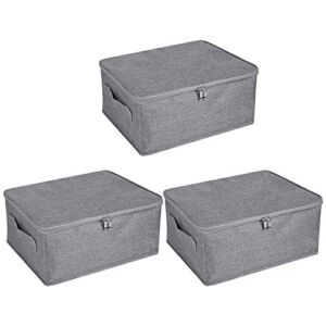 ANMINY 3PCS Storage Bins with Zipper Lid Handles Storage Boxes PP Plastic Board Foldable Lidded Cotton Linen Fabric Home Cubes Baskets Closet Clothes Toys Organizer Containers – Gray, Small Size